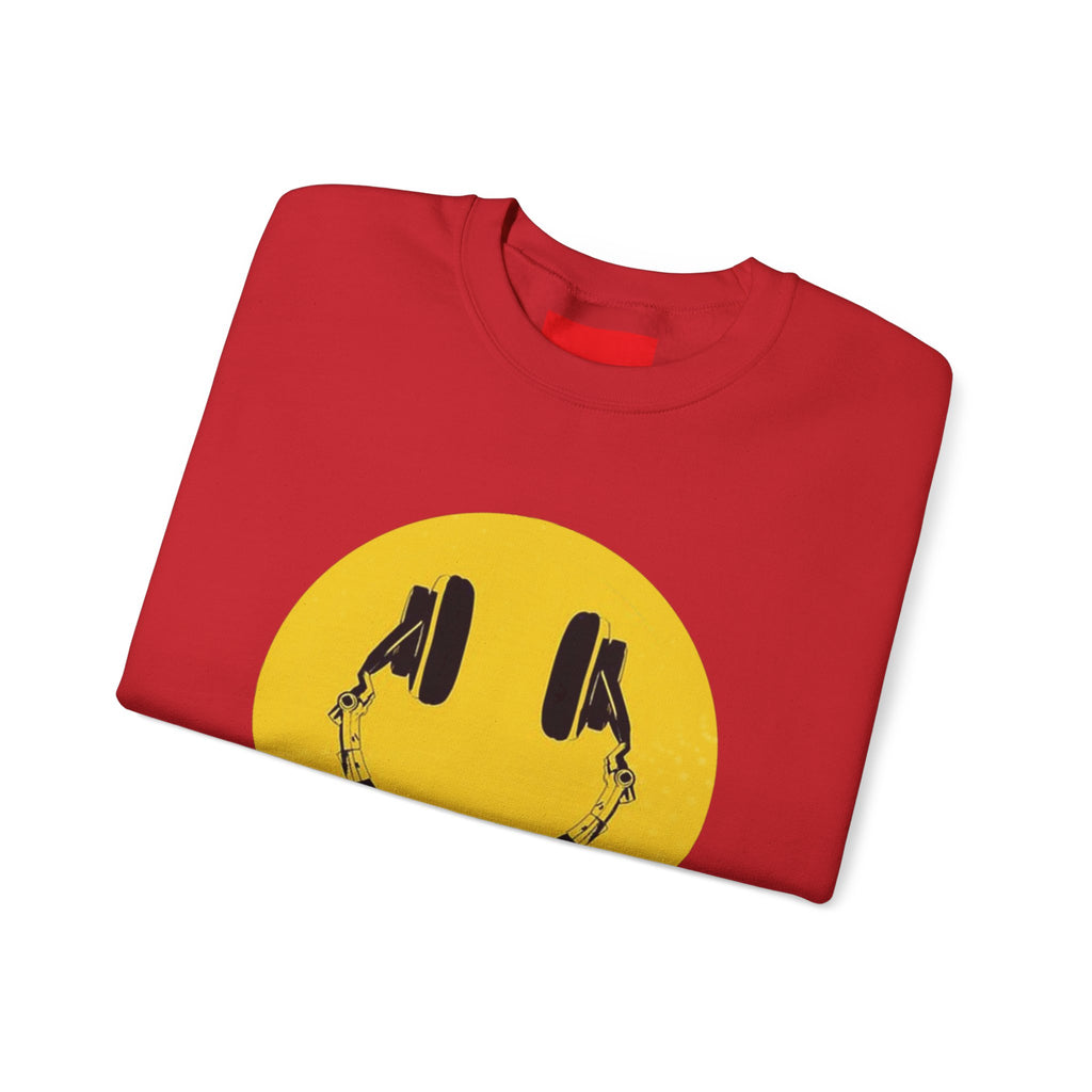 Smiley Headphones Crewneck Sweatshirt — Retro Collage Back Graphic