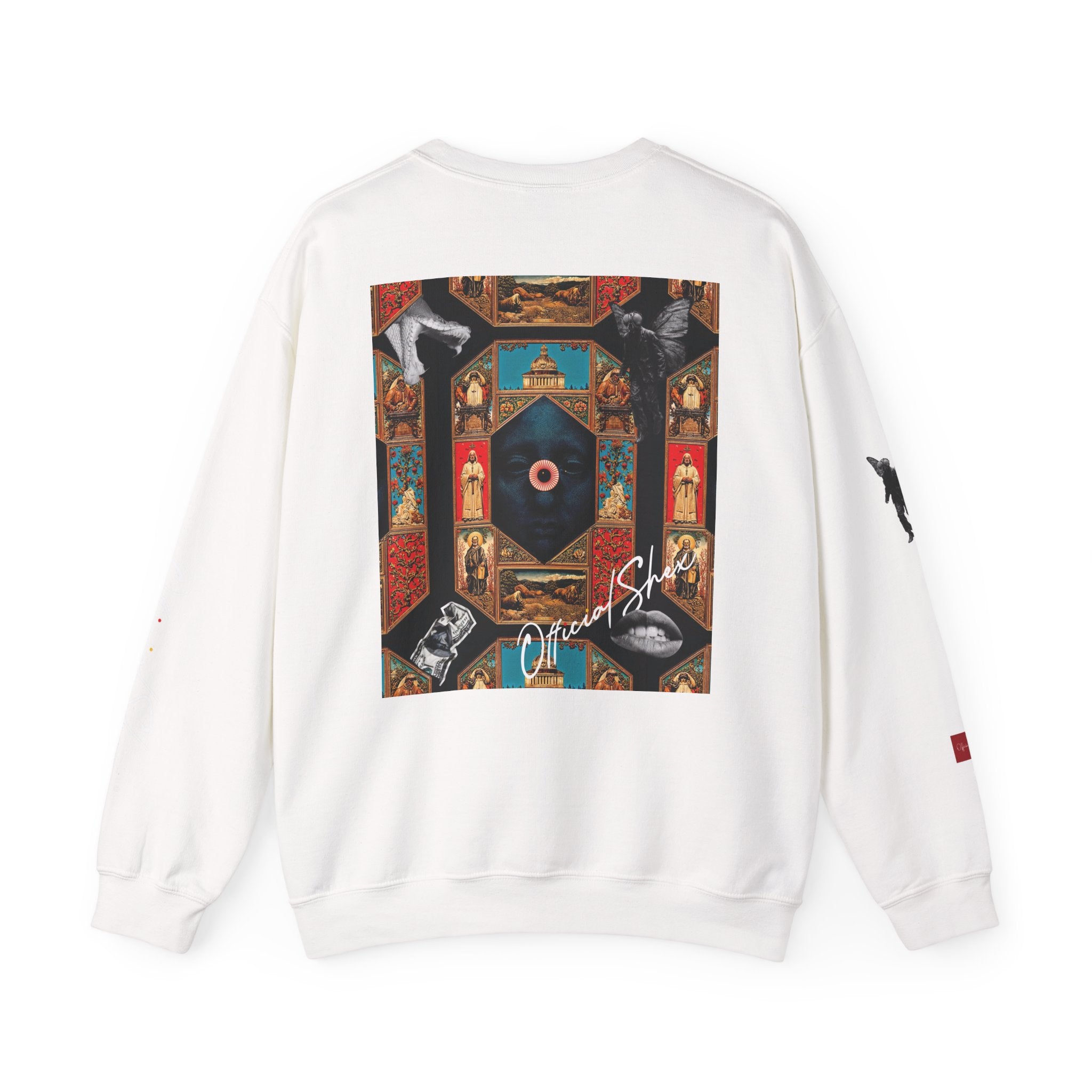 Smiley Headphones Crewneck Sweatshirt — Retro Collage Back Graphic