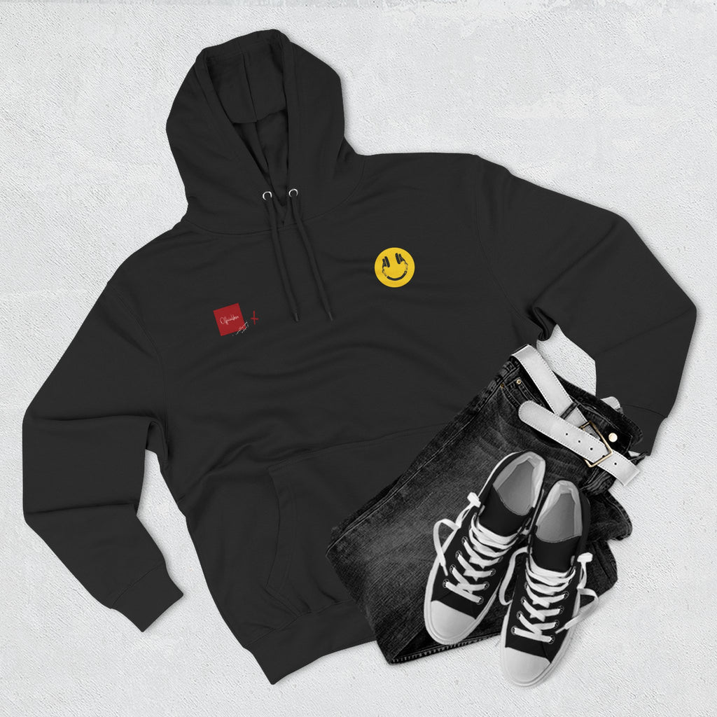 Hoodie - Vintage Collage Graphic Fleece Hoodie with Smiley & Crest Back Artwork