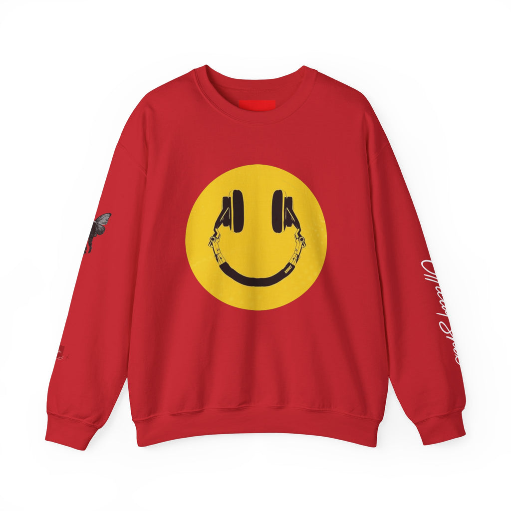 Smiley Headphones Crewneck Sweatshirt — Retro Collage Back Graphic