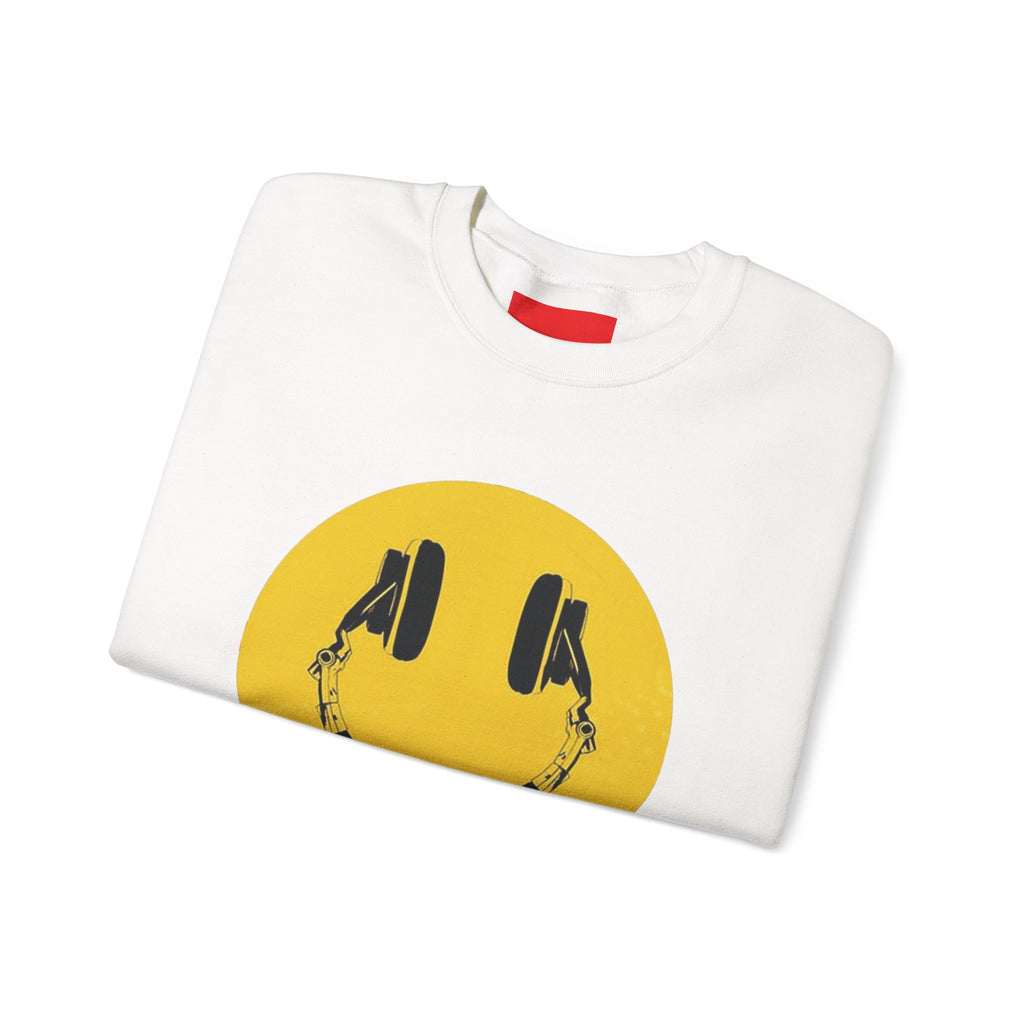 Smiley Headphones Crewneck Sweatshirt — Retro Collage Back Graphic