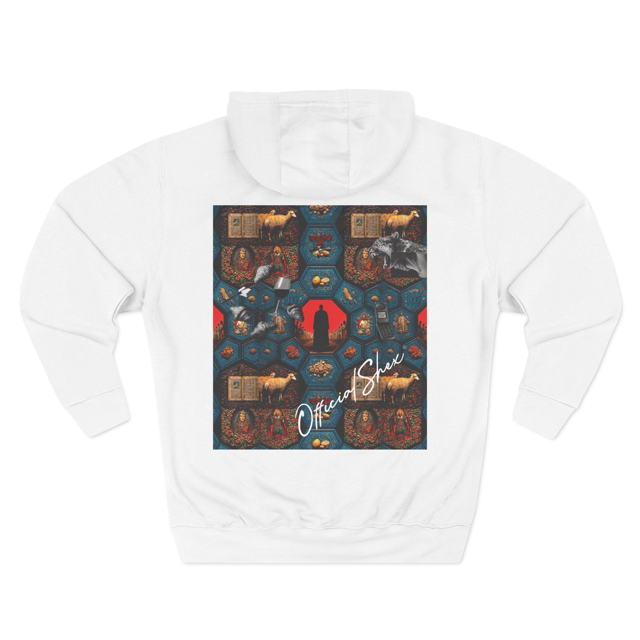 Hoodie - Vintage Collage Graphic Fleece Hoodie with Smiley & Crest Back Artwork