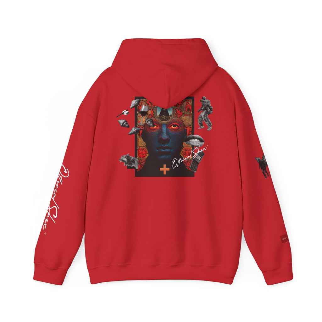 Graphic Hoodie — Surreal Red & Blue Portrait with Smiley Accent