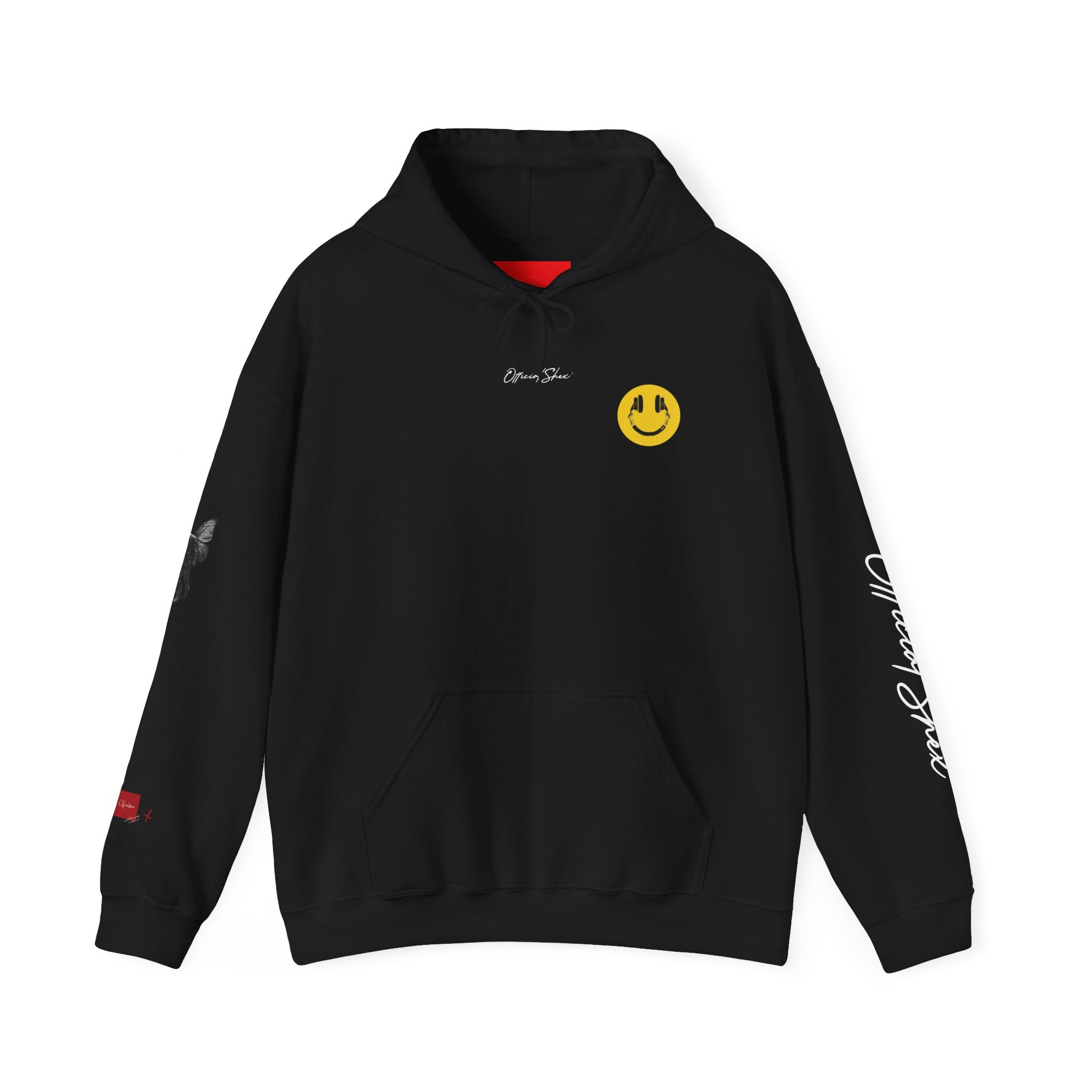 Graphic Hoodie — Surreal Red & Blue Portrait with Smiley Accent
