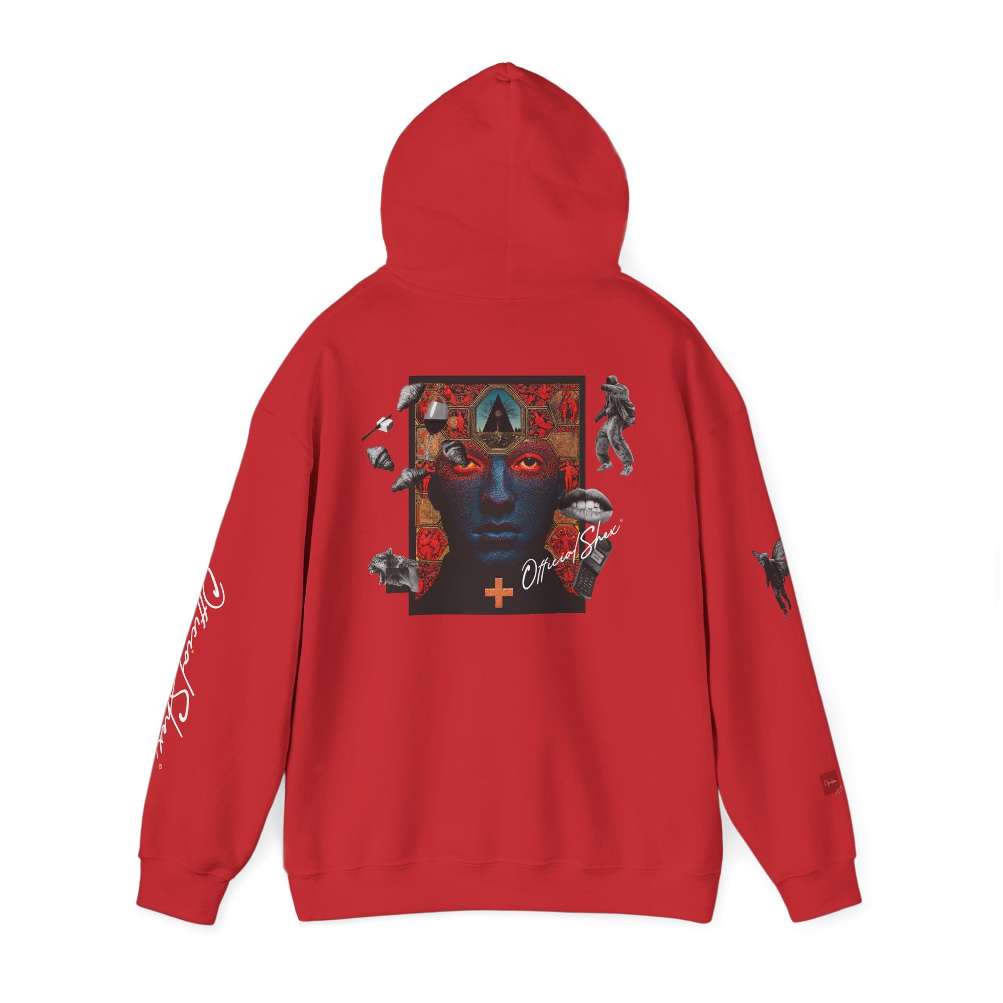 Graphic Hoodie — Surreal Red & Blue Portrait with Smiley Accent