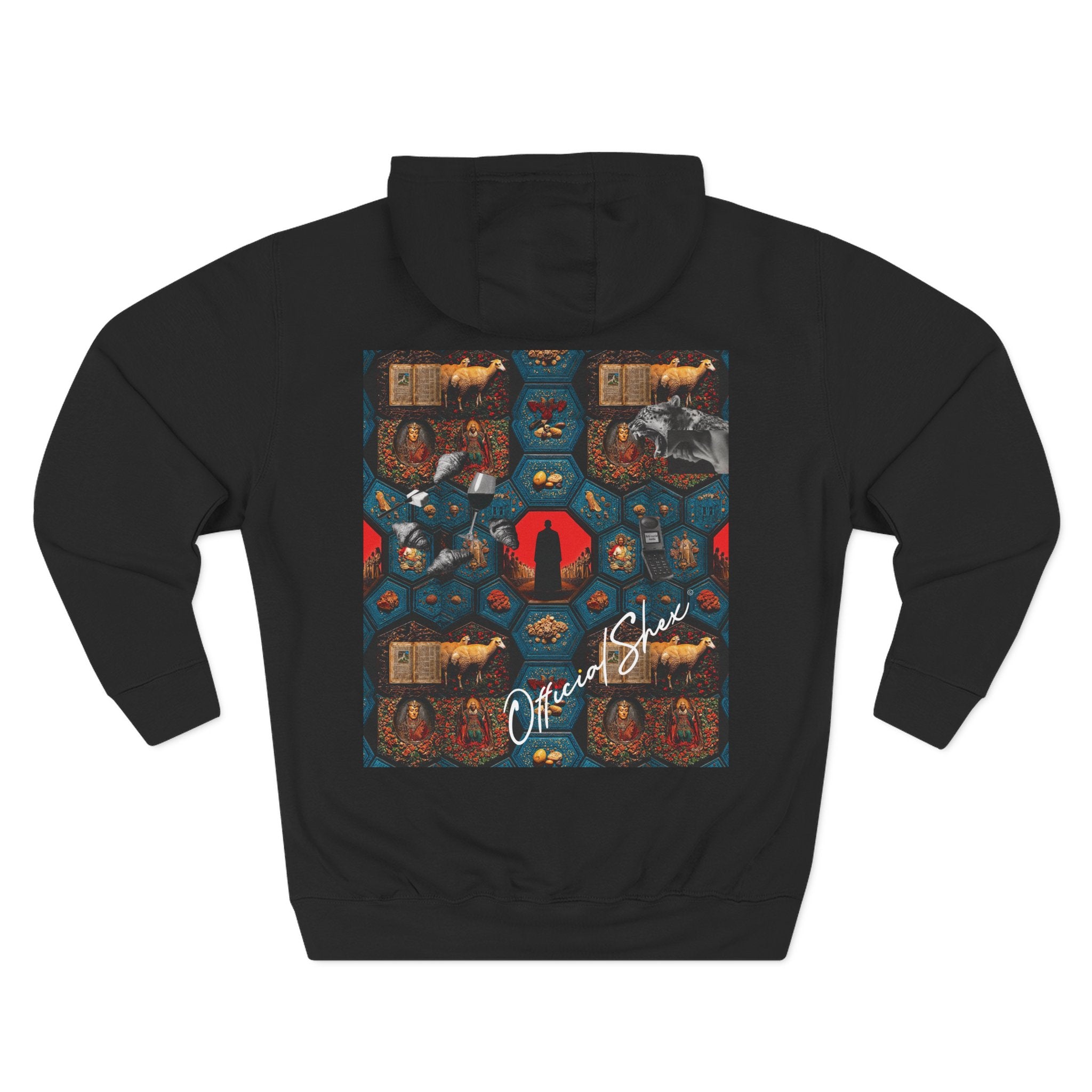 Hoodie - Vintage Collage Graphic Fleece Hoodie with Smiley & Crest Back Artwork