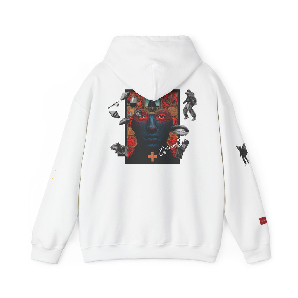 Graphic Hoodie — Surreal Red & Blue Portrait with Smiley Accent