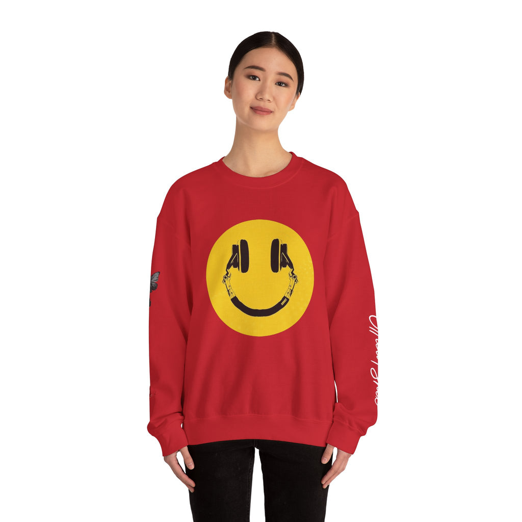 Smiley Headphones Crewneck Sweatshirt — Retro Collage Back Graphic