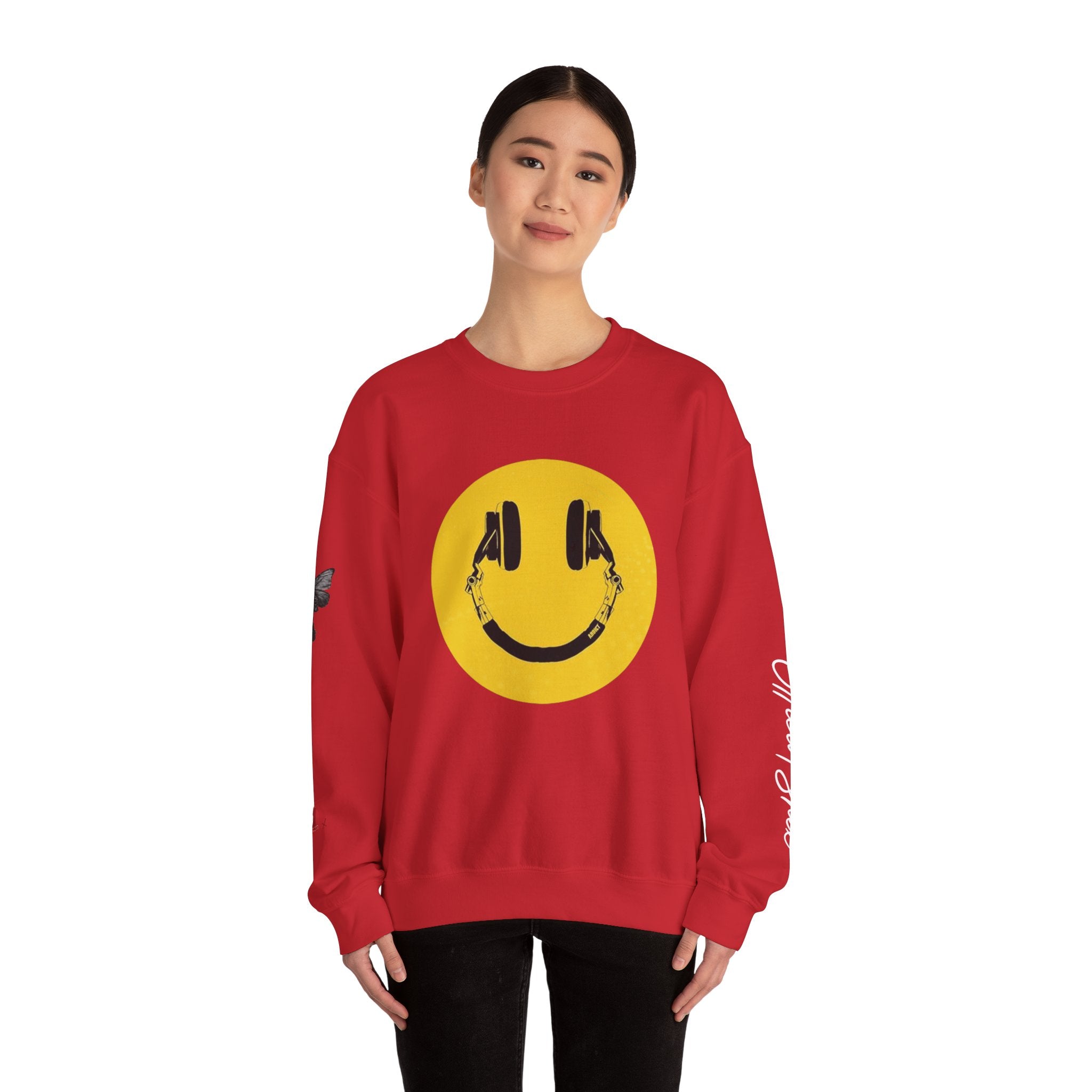 Smiley Headphones Crewneck Sweatshirt — Retro Collage Back Graphic