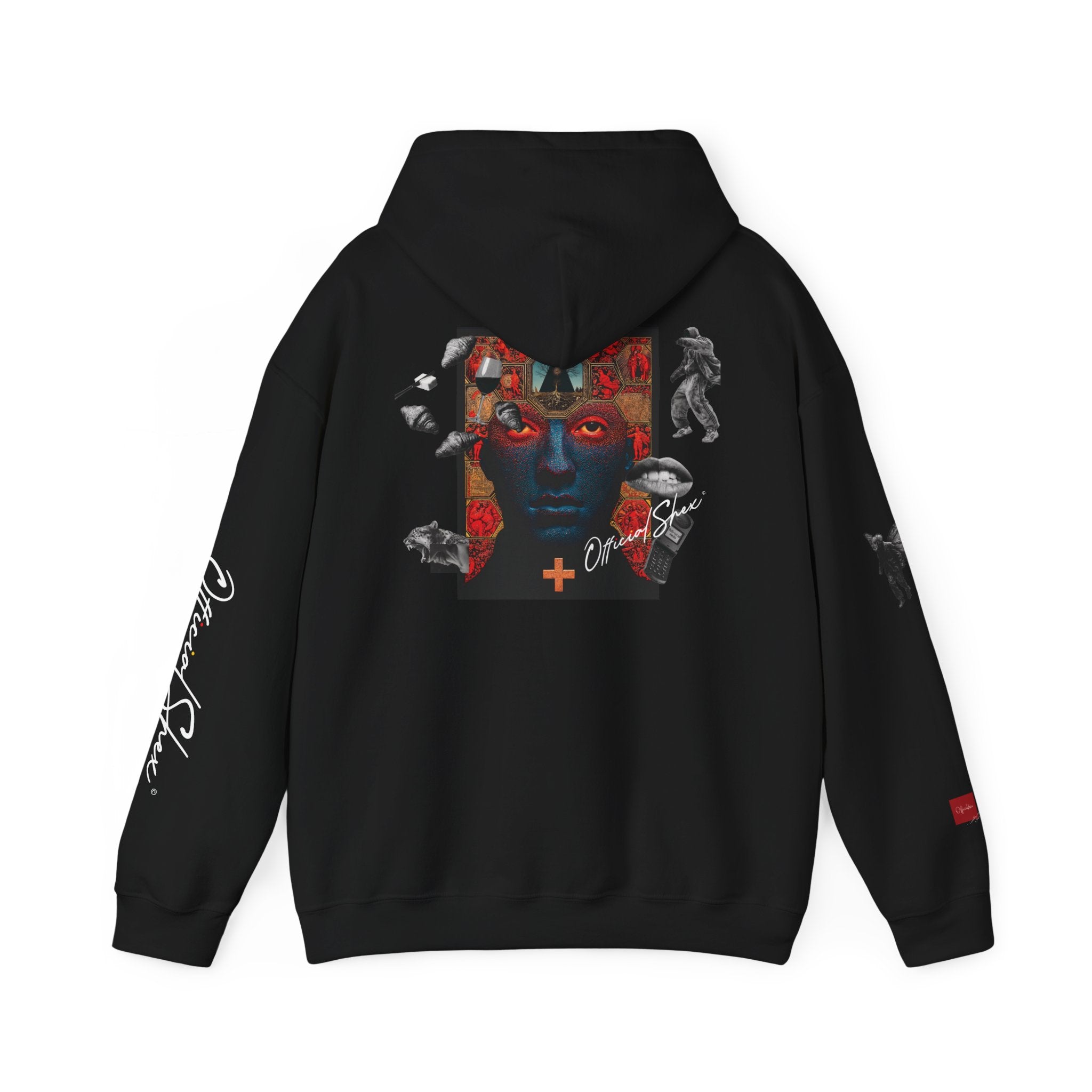Graphic Hoodie — Surreal Red & Blue Portrait with Smiley Accent