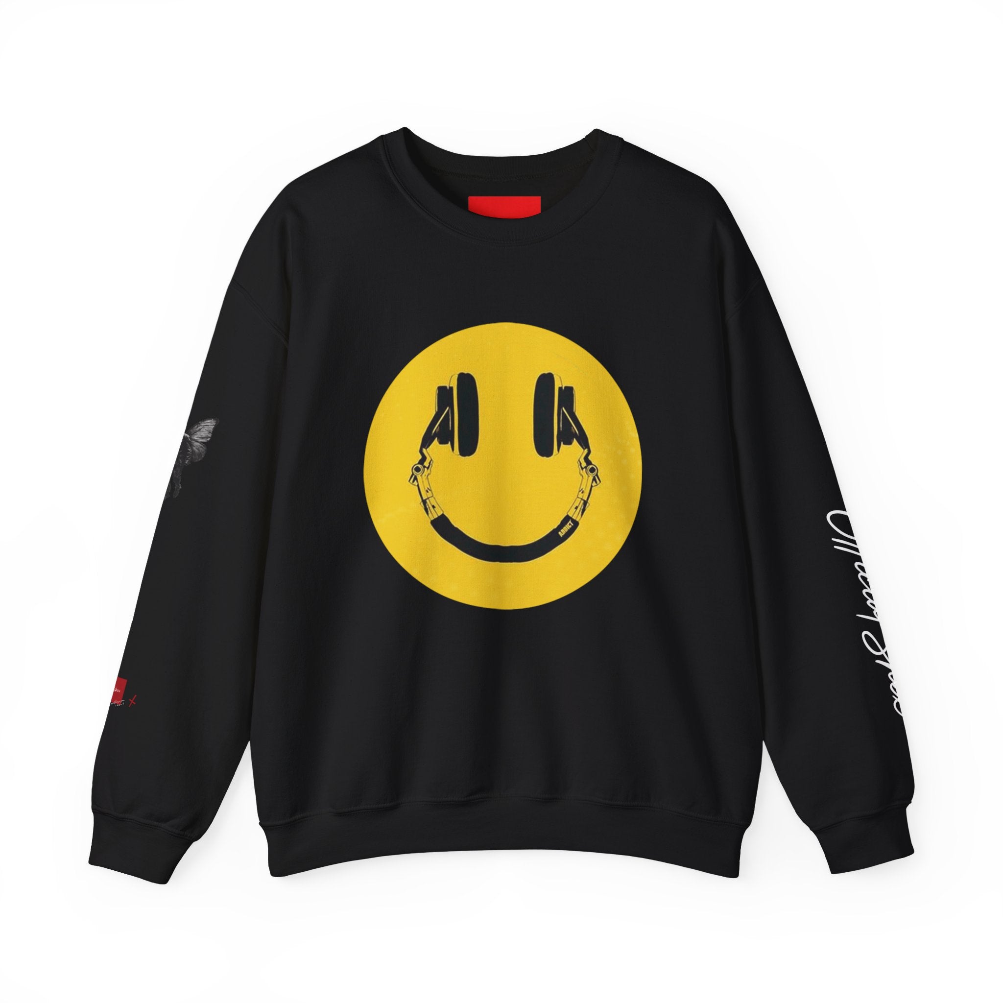 Smiley Headphones Crewneck Sweatshirt — Retro Collage Back Graphic