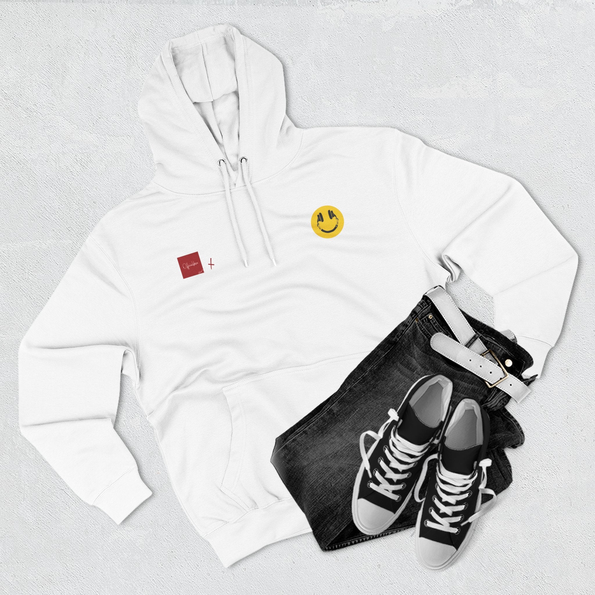 Hoodie - Vintage Collage Graphic Fleece Hoodie with Smiley & Crest Back Artwork