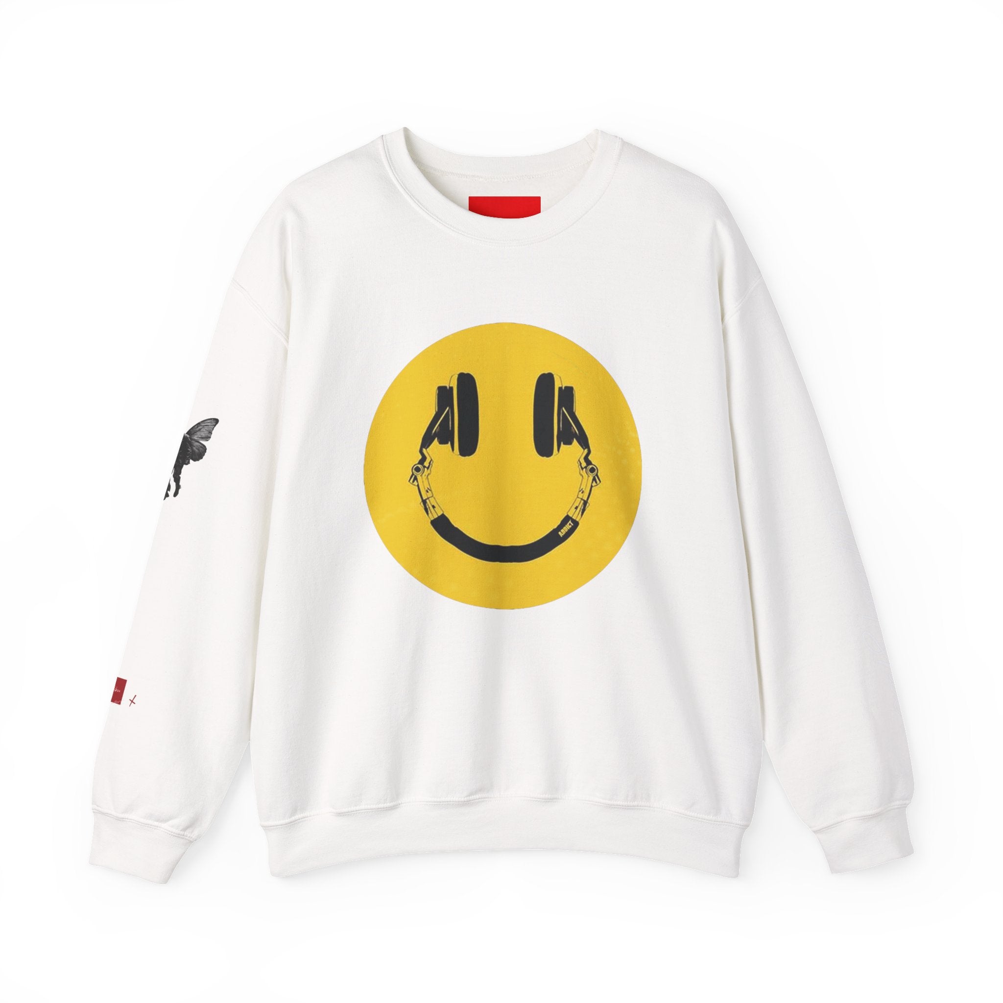 Smiley Headphones Crewneck Sweatshirt — Retro Collage Back Graphic