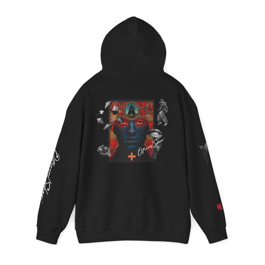 Graphic Hoodie — Surreal Red & Blue Portrait with Smiley Accent