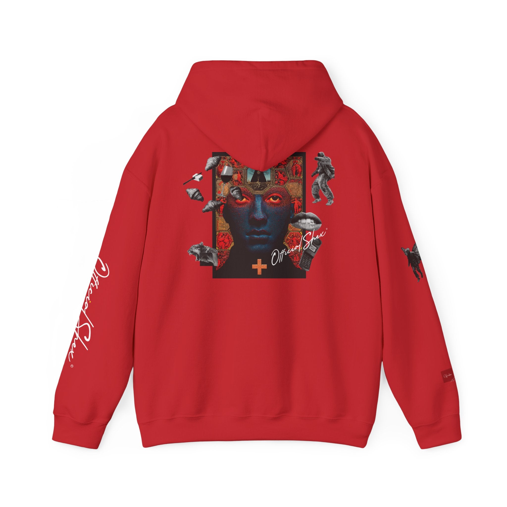 Hoodie — Surreal Red & Blue Portrait with Smiley Accent