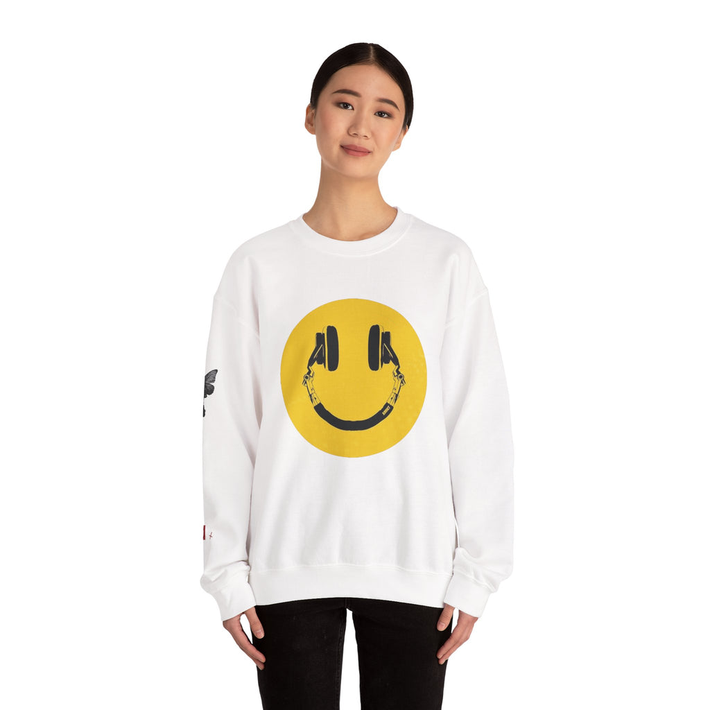 Smiley Headphones Crewneck Sweatshirt — Retro Collage Back Graphic