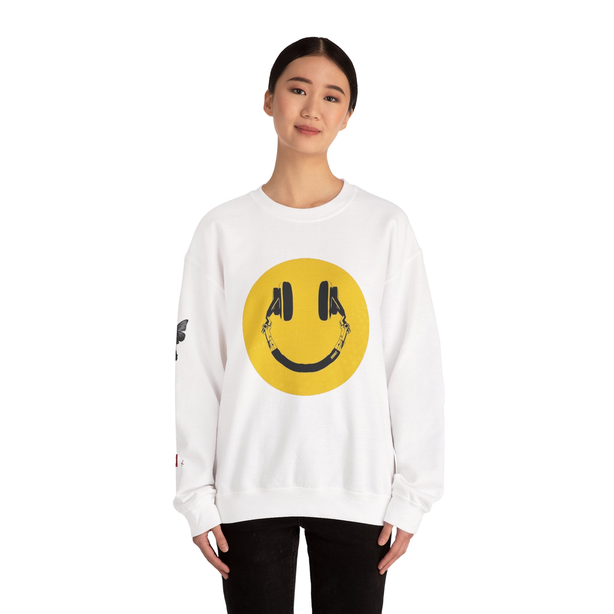 Smiley Headphones Crewneck Sweatshirt — Retro Collage Back Graphic