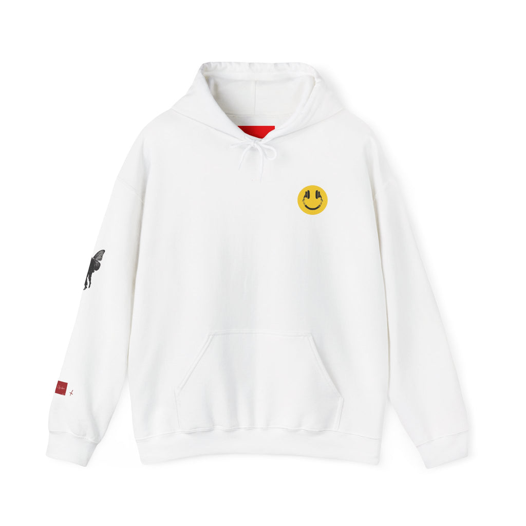 Graphic Hoodie — Surreal Red & Blue Portrait with Smiley Accent