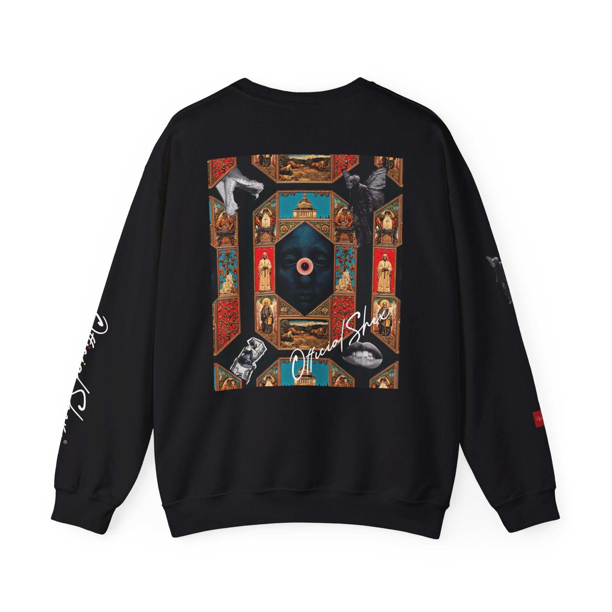 Smiley Headphones Crewneck Sweatshirt — Retro Collage Back Graphic